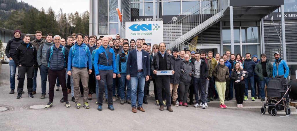 Our team in front of our new technology center in Falzes
